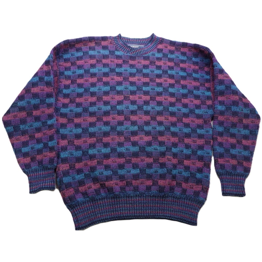 VTG Crossings Geometric Checkerboard Sweater Men L Made in USA 90s Knit Pullover
